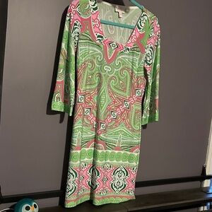 Elegant Green and Pink Patterned Midi Dress